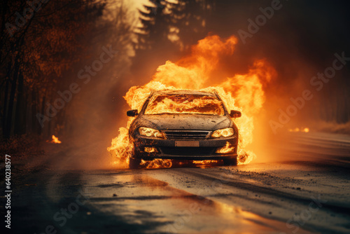 burning car on the road due to explosion