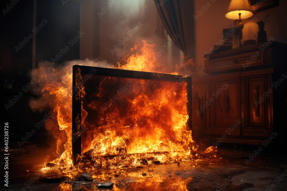 Burning TV in the house due to a short circuit and damaged wiring Burning TV in the house due to a short circuit and damaged wiring