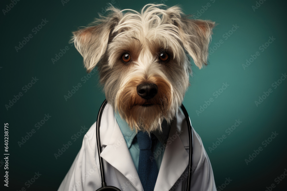 Dog dressed in veterinarian costume, animal first aid concept Dog dressed in veterinarian costume, animal first aid concept