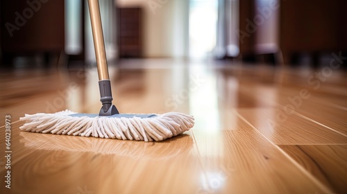 Close up view of mop on parquet floor of room. Housekeeping, cleaning concept with mop, generative ai