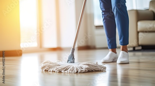 Woman mopping floor of room with mop, close up. Housekeeping concept, with woman washing floor with mop, generative ai