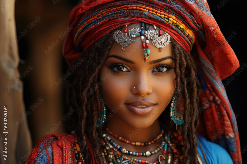 Beautiful attractive African girl with make-up in national jewelry