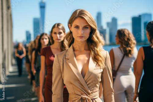 Brunette fashion model in a long line of fashion models waiting on a casting