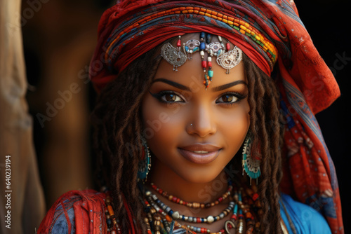 Beautiful attractive African girl with make-up in national jewelry