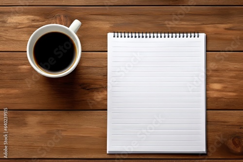 Cup of coffee and notepad wooden background with copyspace generative ai