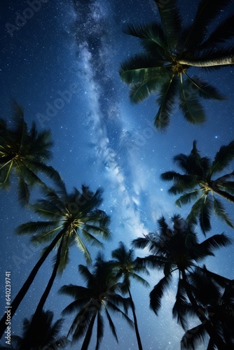 Palm trees on the beach at night with beautiful stars view