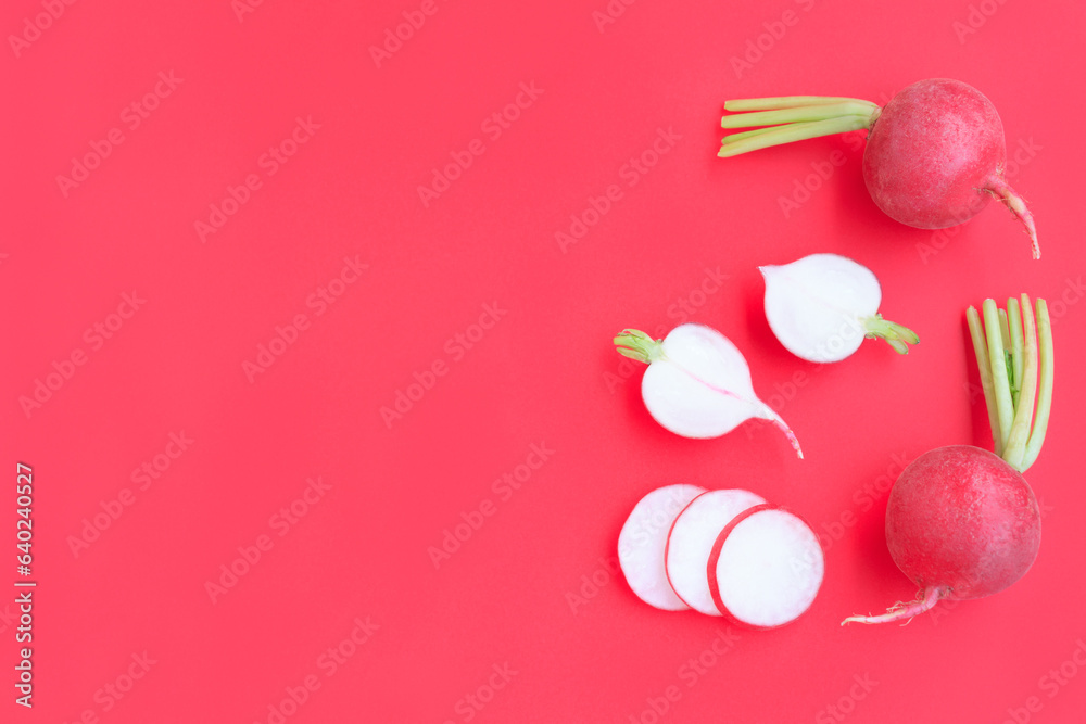 Fresh radish and sliced on red background, Organic vegetable Fresh radish and sliced on red background, Organic vegetable