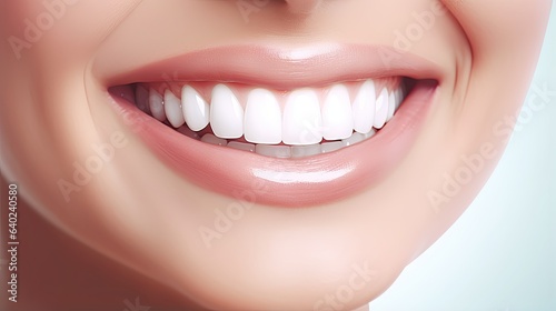 Smiling woman mouth with whitened teeth, close up view, generative ai