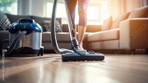 Woman cleaning floor with vacuum cleaner, close up, generative ai
