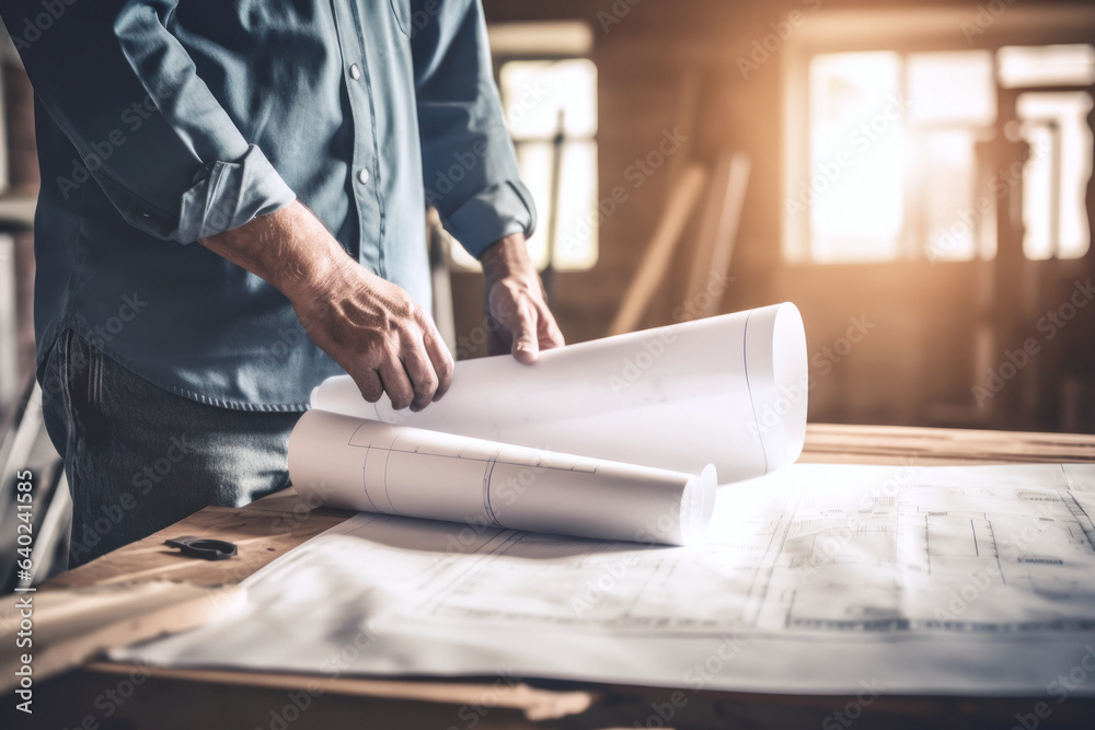 A contractor examines details on the blueprints of a house that is being renovated.