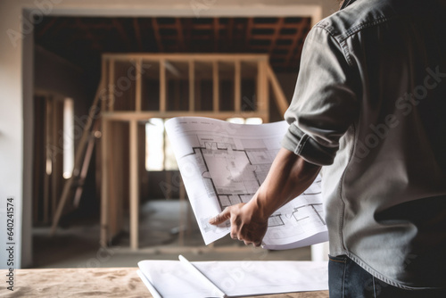 An architect refers to their blueprints at the construction site of a new house.