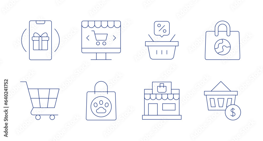 Shopping icons. Editable stroke. Containing loyalty, online shopping, shopping basket, shopping bag, shopping cart, pet shop, mall.