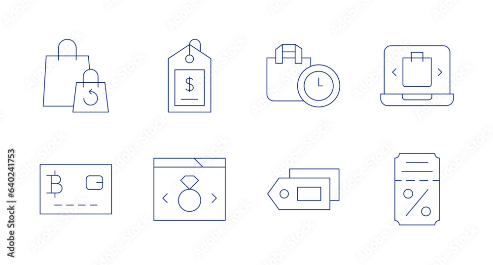 Shopping icons. Editable stroke. Containing guarantee, price tag, bag, laptop, card, online shop, label, ticket.