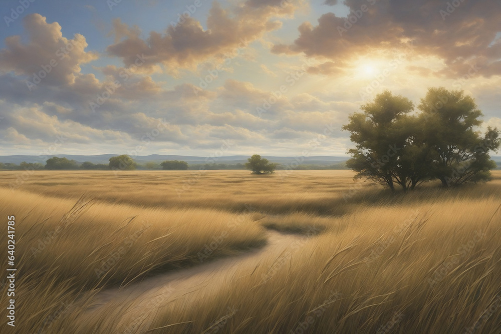 Fototapeta premium open prairie landscape with a sweeping sky, tall grasses, and a sense of endless freedom