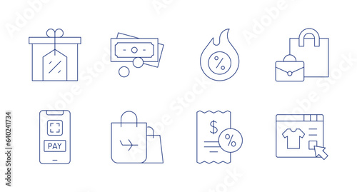 Shopping icons. Editable stroke. Containing discount, cash, hot deal, purse, cashless, duty free, ticket, online shop.