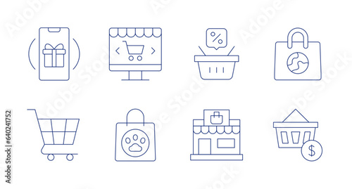 Shopping icons. Editable stroke. Containing loyalty, online shopping, shopping basket, shopping bag, shopping cart, pet shop, mall.
