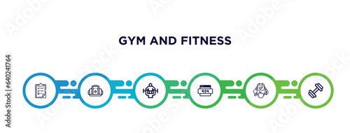 tightening bar, gym bag, to do list, running treadmill, good diet, dumbbells bar outline icons. editable vector from gym and fitness concept. infographic template.
