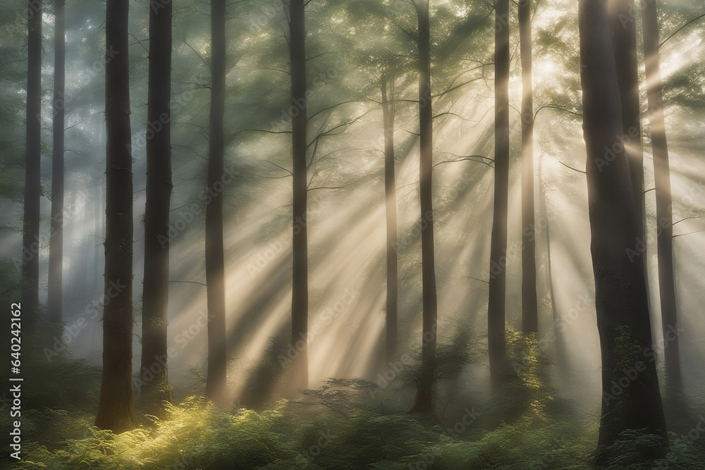 Misty morning scene in a dense forest with rays of sunlight filtering through the trees
