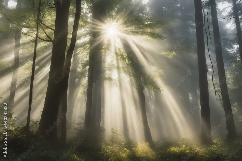 Obraz premium Misty morning scene in a dense forest with rays of sunlight filtering through the trees