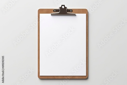 Clipboard Mockup with Blank Paper. Wooden Clip Board Isolated on Light Grey Background for Branding and Notepad Design