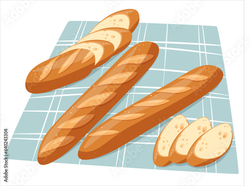 Sliced bread on a kitchen napkin. Freshly baked baguette, loaf. vector illustration in the style of cartoon, flat