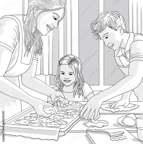 Color page with mother and her children cooking