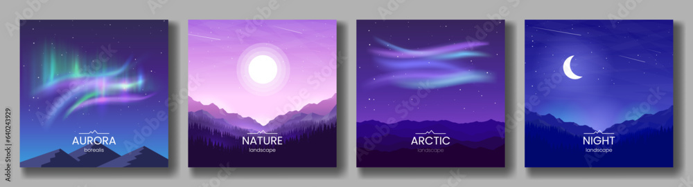 Abstract mountain landscape vector background. Set of minimalistic banners. Northern lights, mountain peaks and forest, night starry sky. Concept of tourism. Design for a poster, postcard, wallpaper.