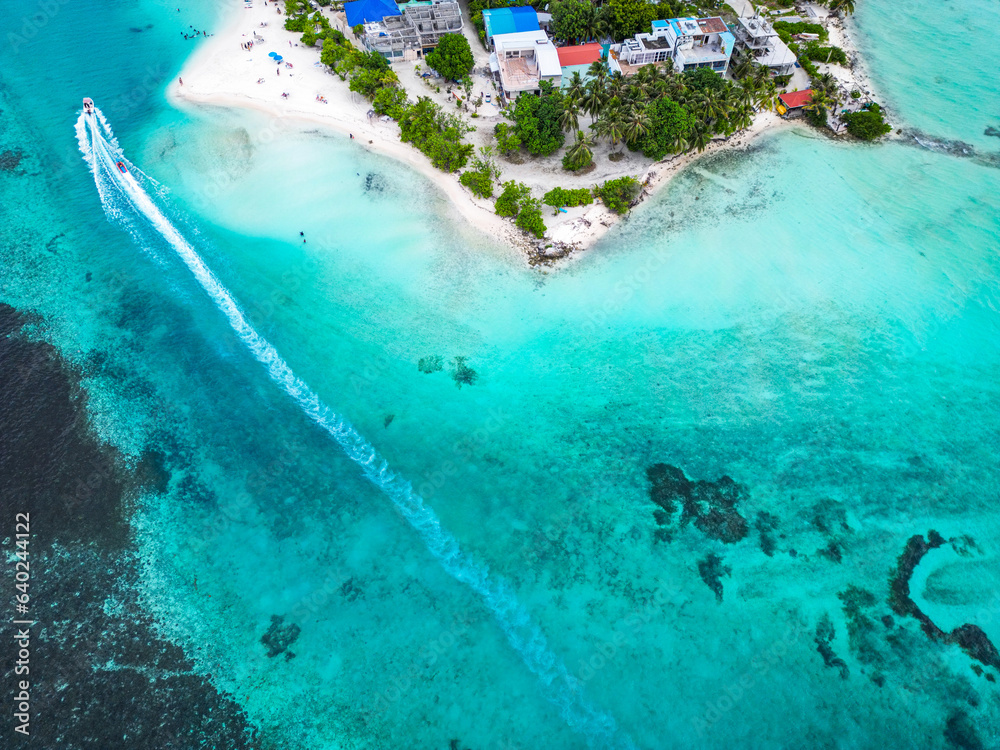 Aerial drone photo of a beautiful beach on the island in the Maldives