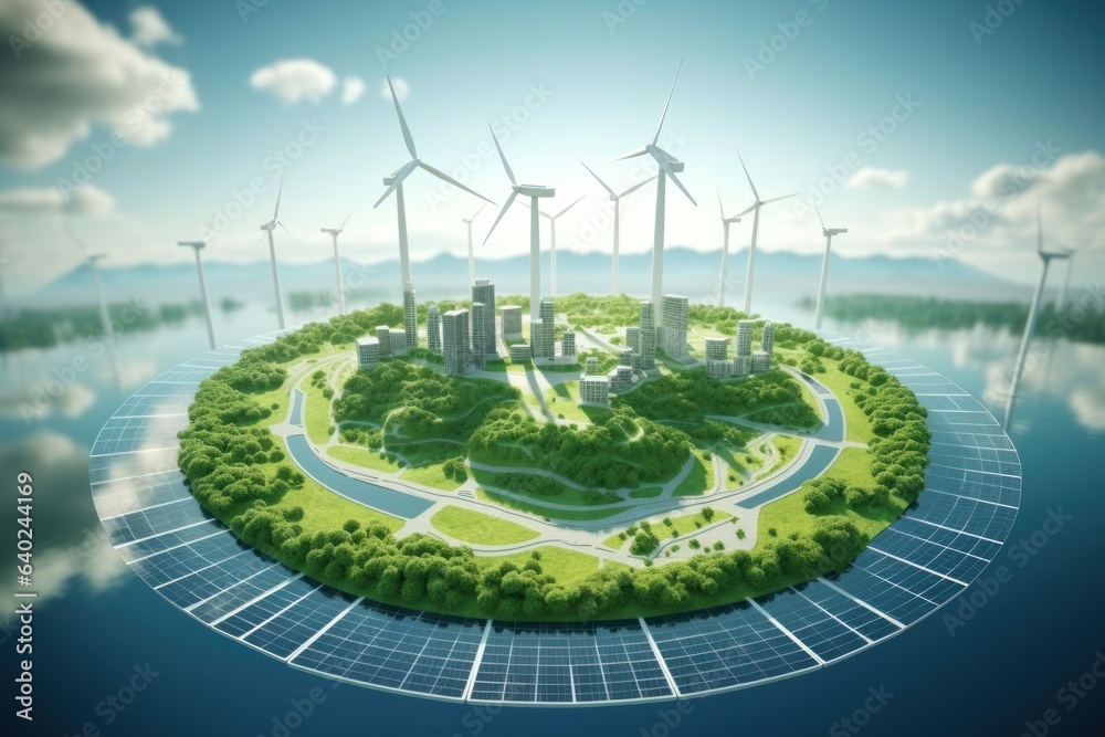 Renewable energy with green energy as windmills and solar panels on a ...