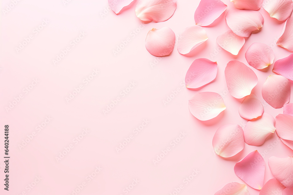 pink rose petals set on pink background. Top view. Copy space