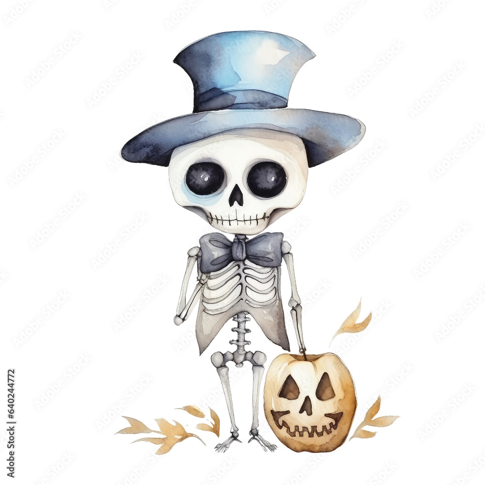 Watercolor of Happy halloween greeting card with cute skeleton and pumpkin. Illustration transparent background, PNG, Generative AI