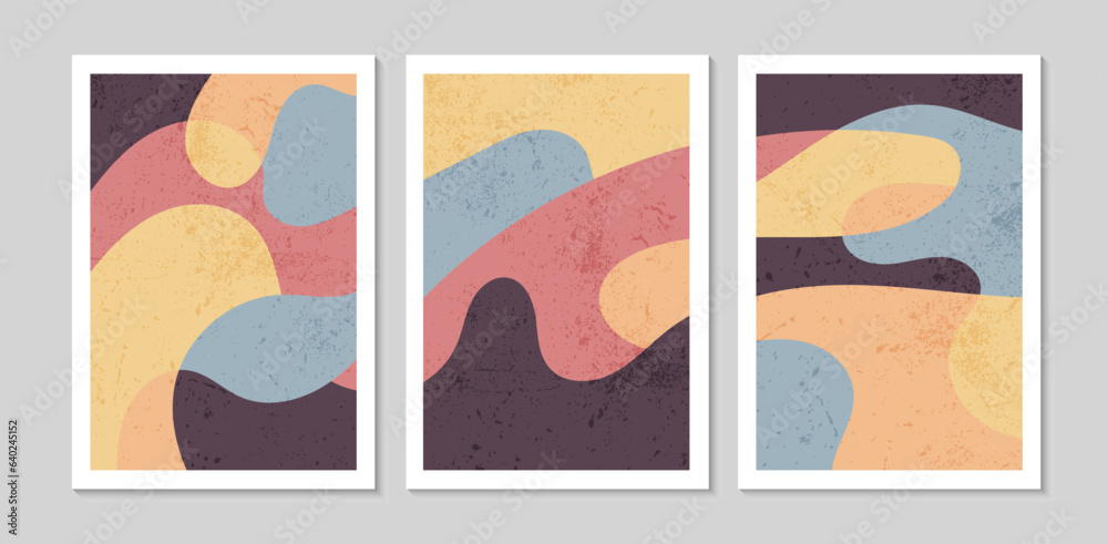 Set of abstract contemporary mid century posters with abstract shapes and texture. Design for wallpaper, background, wall decor, cover, print, card. Modern boho minimalist art. Vector illustration.