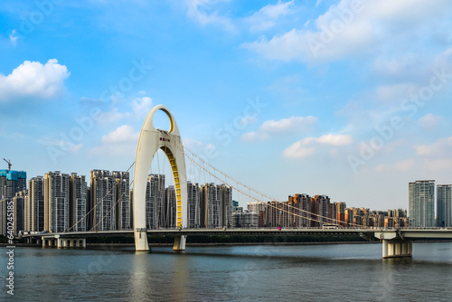 Cityscape of Guangzhou, China. The capital city of Guangdong. Greater Bay Area. Liede Bridge on zhujiang.  photo