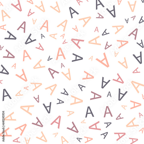 Seamless abstract A letter vector geometric pattern. Colorful letters on white background. Random order. Gift wrapping paper, fabric, poster. Bed linen and interior. School and learning theme.