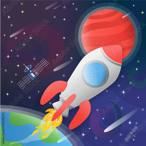 Rocket flight in space among stars, meteors, planets (Earth and Mars)