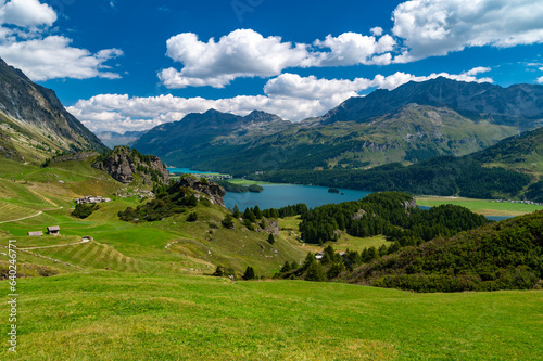 A view of Lake Sils and the Engadine from above. Panorama from Maloja and Grevasalvas 