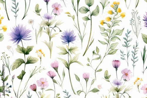 Watercolor vector with wild flowers, leaves, trees and flying butterflies. Garden background in vintage style. Abstract. Wild flower background. gift wrapping paper © WITCHA