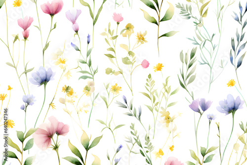 Watercolor vector with wild flowers  leaves  trees and flying butterflies. Garden background in vintage style. Abstract. Wild flower background. gift wrapping paper