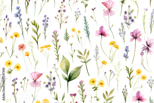 Watercolor vector with wild flowers, leaves, trees and flying butterflies. Garden background in vintage style. Abstract. Wild flower background. gift wrapping paper