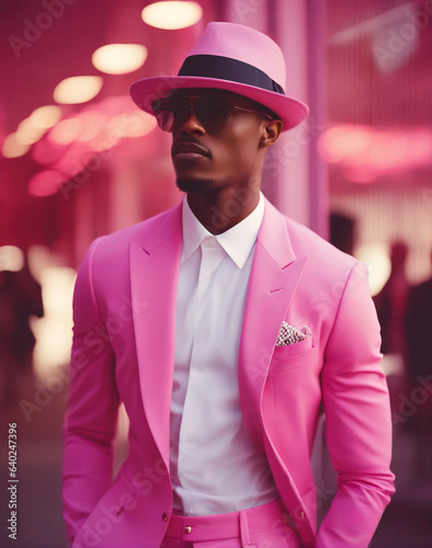 Portrait of an African American male model dressed in trendy clothes and hat  in pink colors against blurred city lights. Stylish image of a modern man. The image of everyday urban clothing.