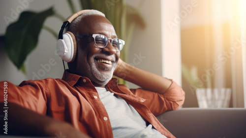 Senior man listen to music with headphones on vacation or free time on sunny day, beach vacation or retirement #640247589