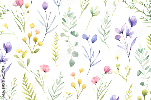 Watercolor vector with wild flowers, leaves, trees and flying butterflies. Garden background in vintage style. Abstract. Wild flower background. gift wrapping paper © WITCHA