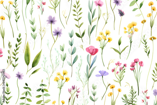 Watercolor vector with wild flowers, leaves, trees and flying butterflies. Garden background in vintage style. Abstract. Wild flower background. gift wrapping paper