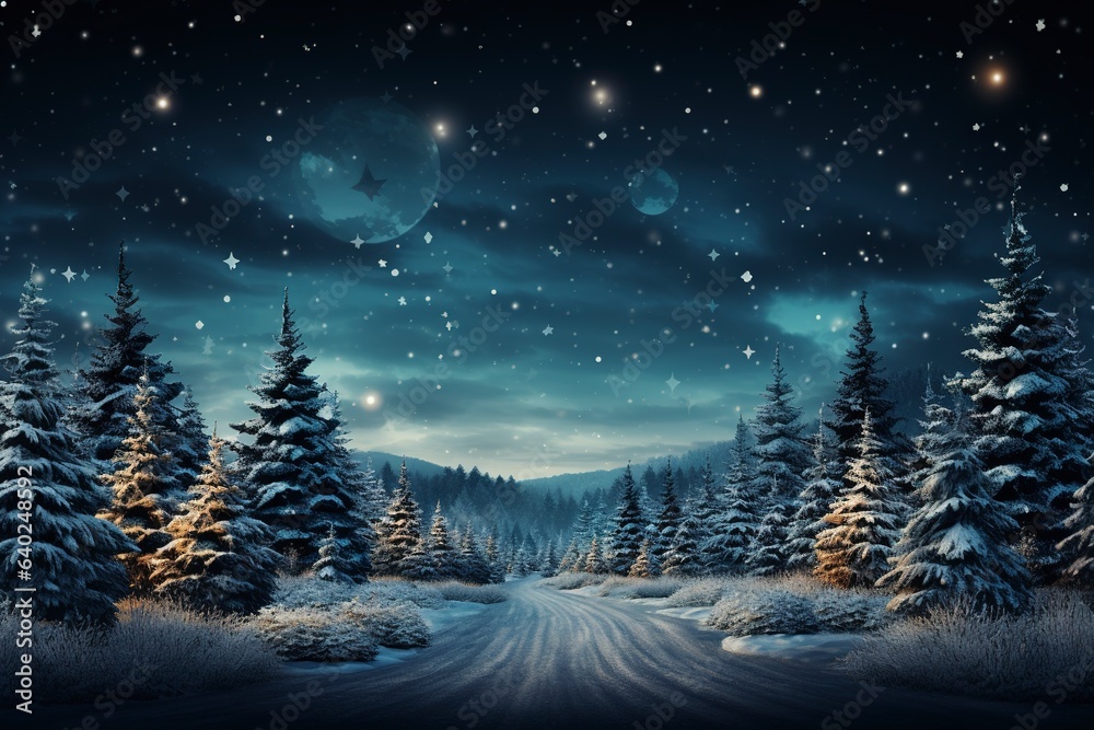Panorama illustration of snow covered christmas trees in the night.
