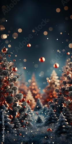 Panorama illustration of a christmas scene with bokeh and room for text.