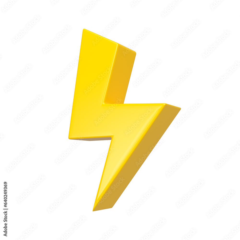 Yellow flash bolt icon. Lightning or thunder isolated. Symbol of energy, danger and power 3d rendering.