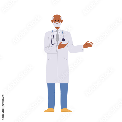 Senior doctor isolated cartoon character wearing white coat pointing aside vector illustration