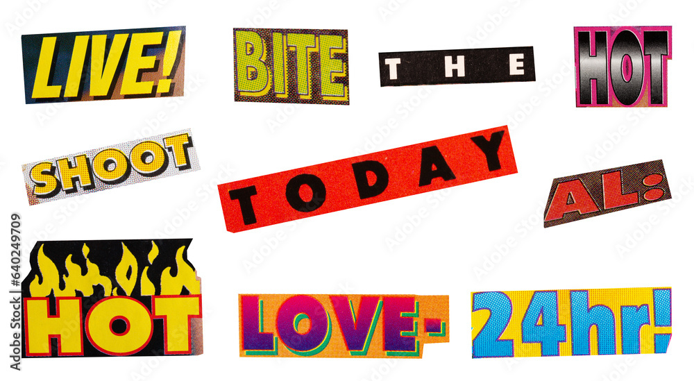 Fototapeta premium Cutout magazine vintage text, labels, price, offer, discount, words, tags, sign and more, collection of different designs from vintage 90's magazine, png isolated on transparent background