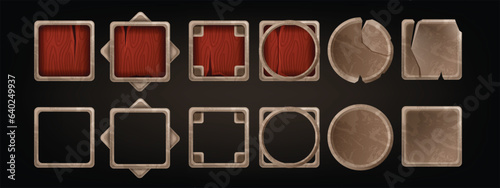 Stone game frame UI viking medieval rock vector avatar circle rectangle, fantasy vintage ring border. Mobile app award web assets, ancient decoration RPG user menu. Ranking interface stone frame