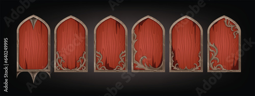 Game gothic window frame set, vector UI fantasy medieval RPG arch, wooden texture menu castle plank. Vintage architecture decorative panel kit, antique old church door. Gothic frame avatar app assets